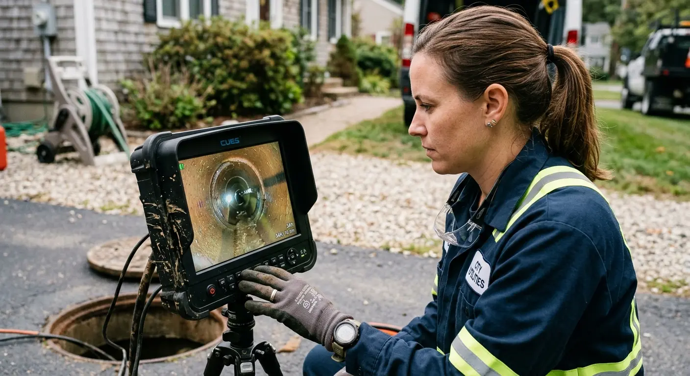 Technician reviewing sewer camera inspection footage in Vernon