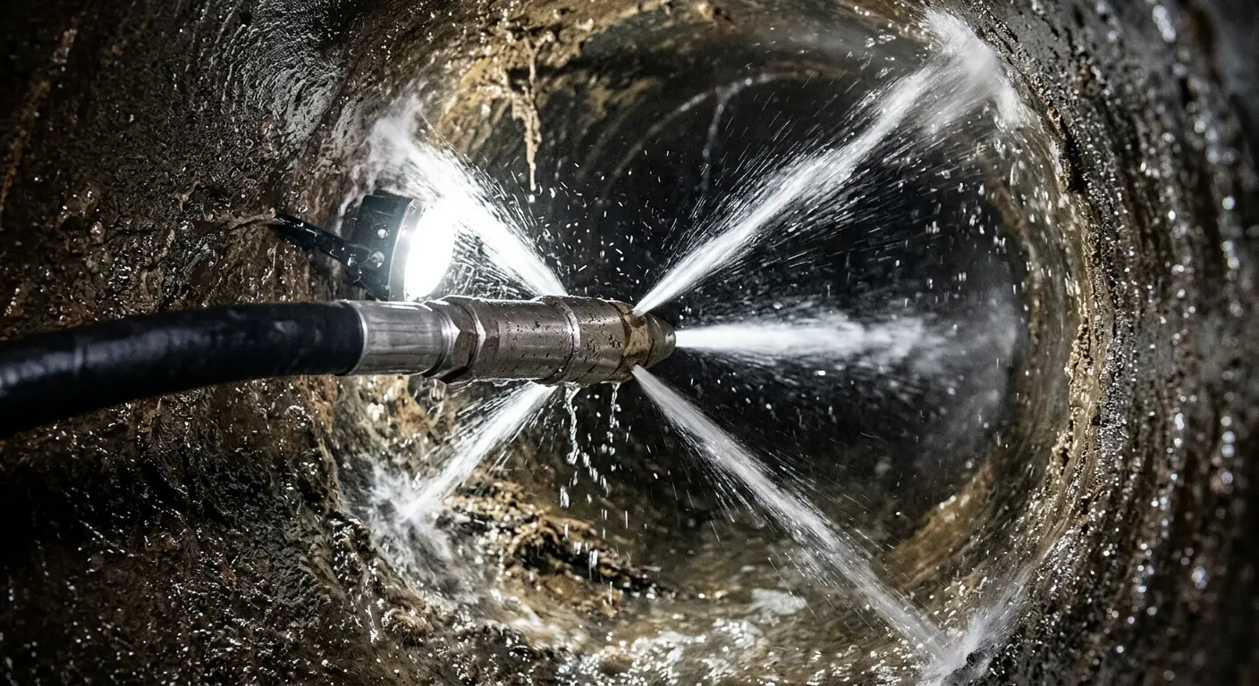 High-pressure hydro jetting nozzle cleaning sewer pipe for Sewer Cleanout in Vernon