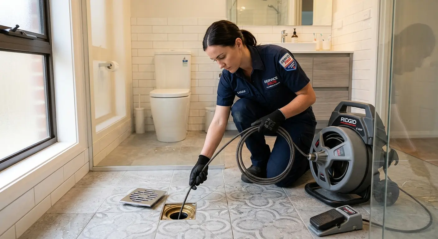 Technician clearing a bathroom floor drain for Hydro Jetting in Vernon